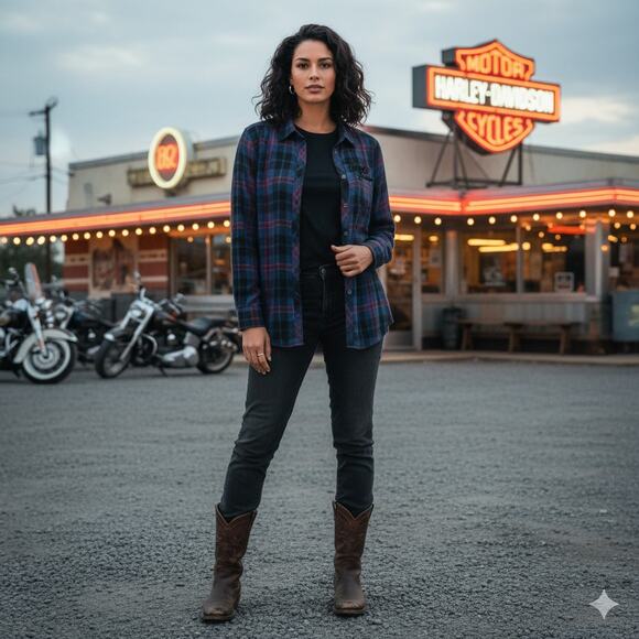 Harley-Davidson Womens S Biker Grunge Goth Y2K Rocker Velvet Plaid Button Down - Picture 2 of 7